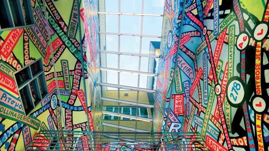 Paula Scher mural at Queens Metropolitan Campus