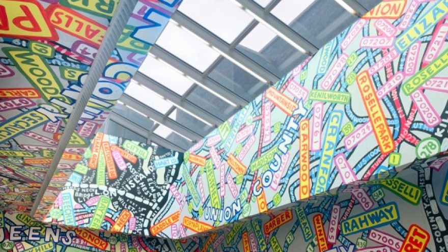 Paula Scher mural at Queens Metropolitan Campus