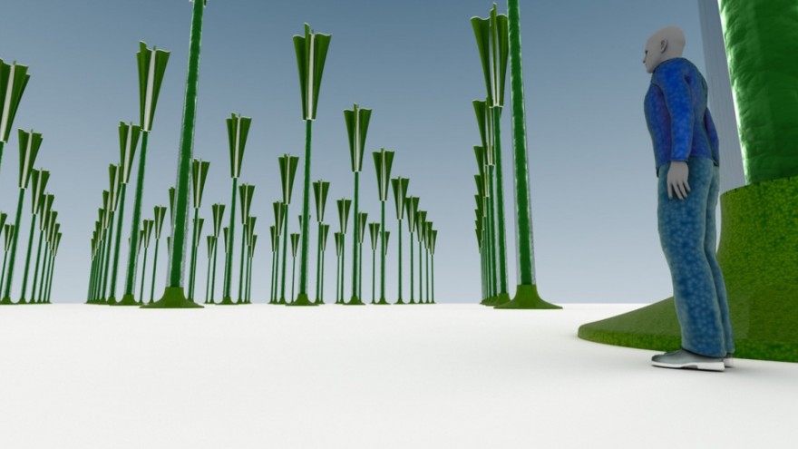 Forest of algae-coated masts that draw water from underground using wind-energy.