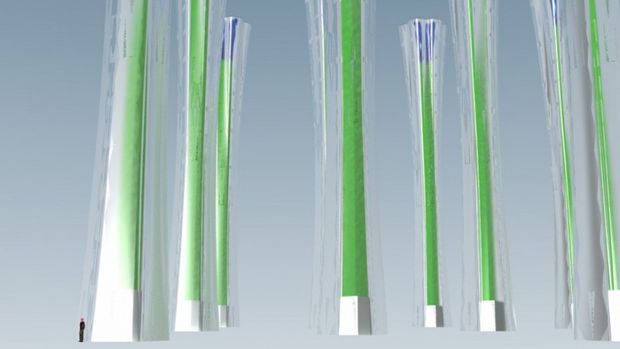 Biophotovoltaic masts that capture rain water to feed the algae.