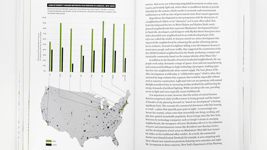 "A Country of Cities" chart showing the loss of density in US metropolitan regions, 1910-2000 by Michael Bierut & Britt Cobb. Images: Pentagram. 