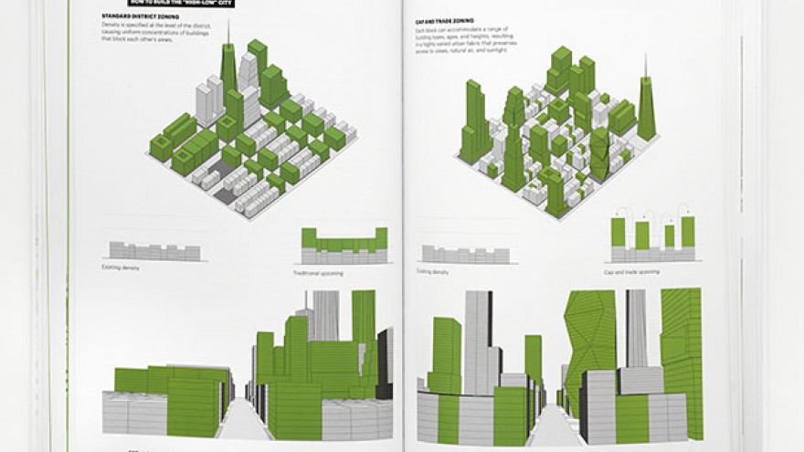 "A Country of Cities" infographics illustrating zoning for density to build a 'high-low' city by Michael Bierut & Britt Cobb. Images: Pentagram. 