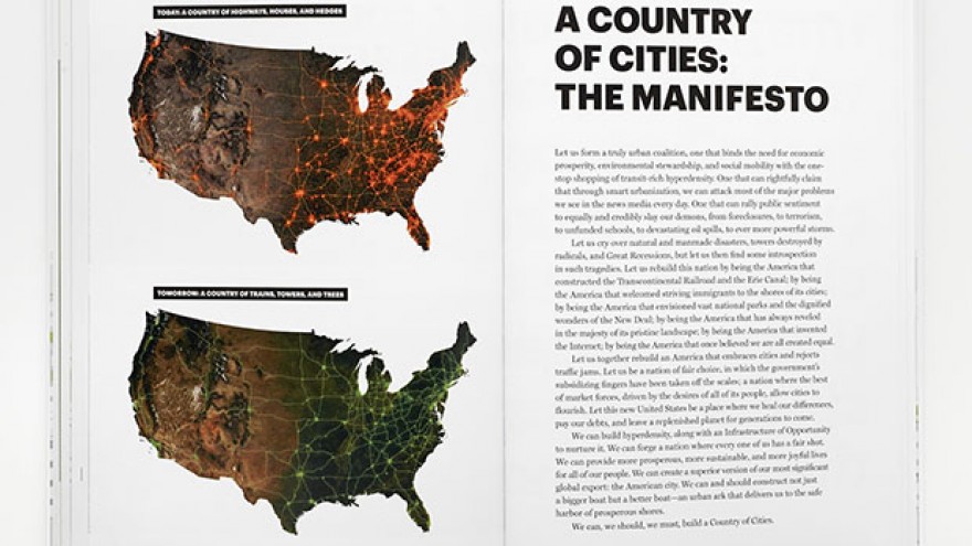 "A Country of Cities" opening spread of the manifesto by Michael Bierut & Britt Cobb. Images: Pentagram. 