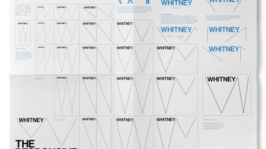 Chart displaying a selection of possible variations of the 'Responsive W'.  The folded A2-sized poster that was inserted in the 220-page graphic manual that Experimental Jetset created for the in-house design team of the Whitney.