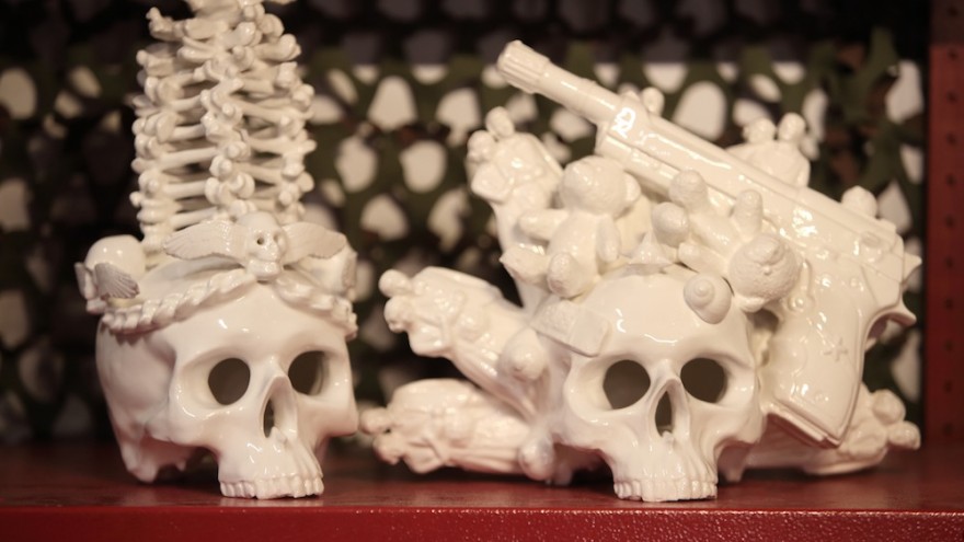 "Gravy Train" and "Skull with Wrought Iron Classic Crown" by Ceramic Matters. 