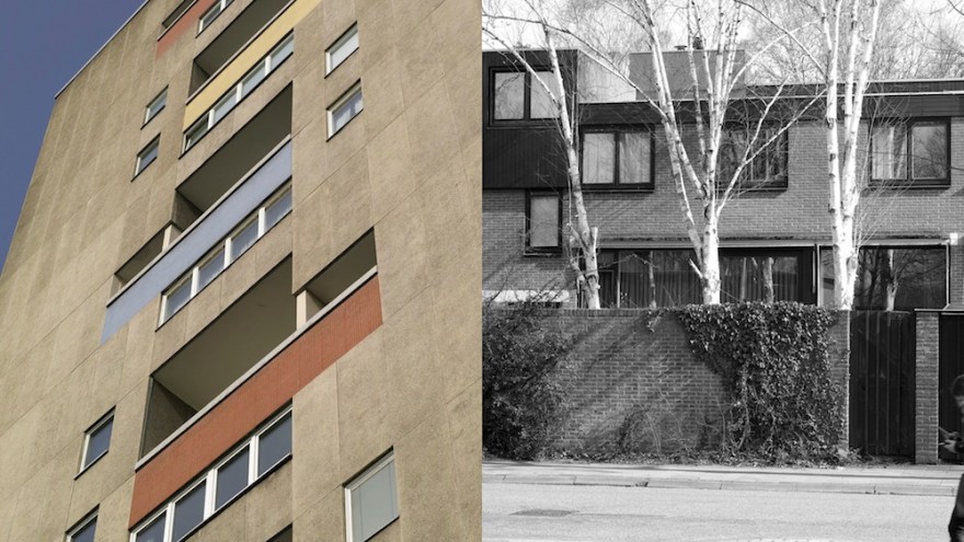 Split screen images of Jaap Bakema's work (Berlin, Eindhoven) by Johannes Schwartz.