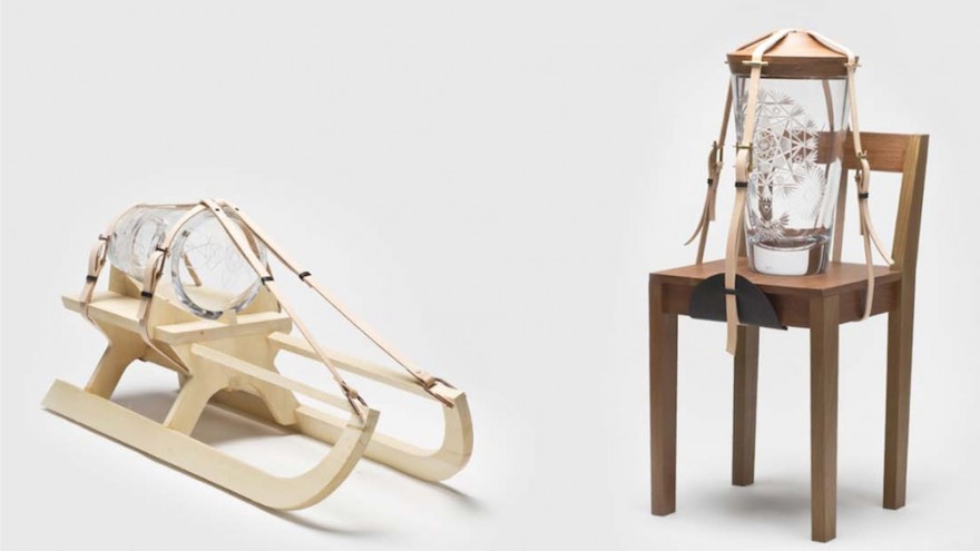 Tadeas Podracky’s Jaars juxtaposes the fragility of cut glass with alpine elements such as leather straps and a wooden sled.