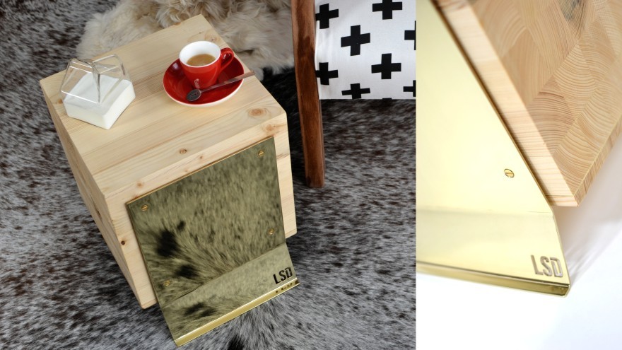 Butcher Block table in wood and brass.