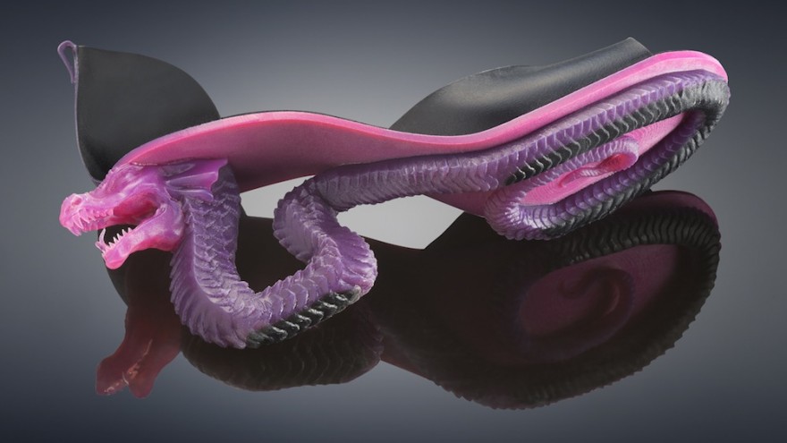 The shoes' combination of a flexible sole with rigid heels was enabled by the printer's breakthrough technology. Image: Yoram Reshef. 