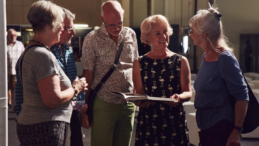 Elbé Coetsee (second from right) with some of the artists including Nelius Britz (third from right) featured in her book.