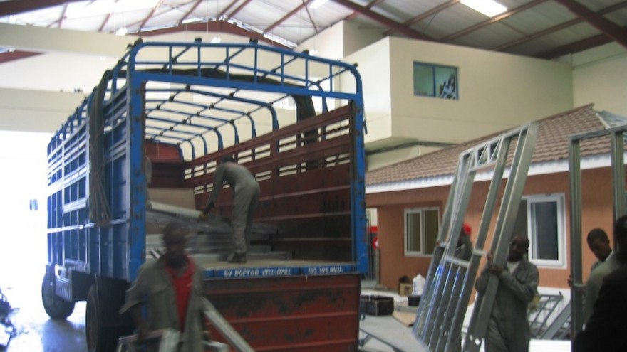 Aleutia's solar powered classroom fits on one flatbed truck. 