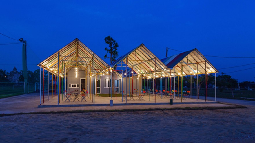 colour and recycled goods came together to form this storm proof structure. 