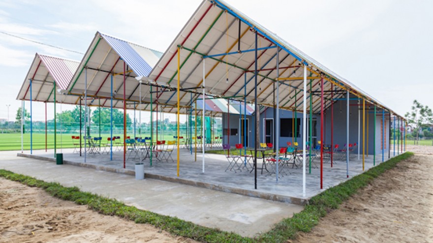colour and recycled goods came together to form this storm proof structure. 