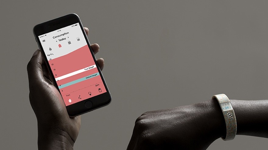 The Worldbeing wearbable and app, by Benjamin Hubert of Layer Design Studio, is a system that makes consumers more aware of their personal carbon footprint