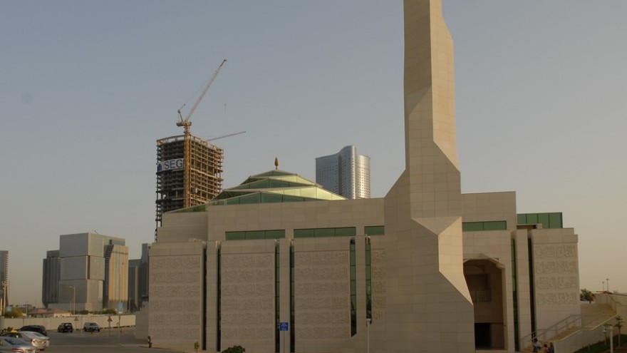 Architects in Abu Dhabi have used an illuminating concrete on the façade of the Al Aziz Mosque – it glows brightly with the 99 different names of God