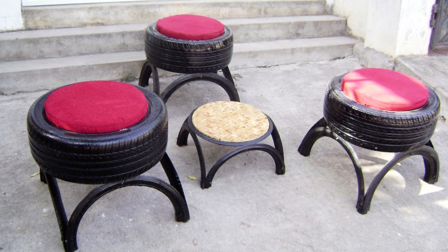 Outdoor furniture using tyres and cushions by Recycle India