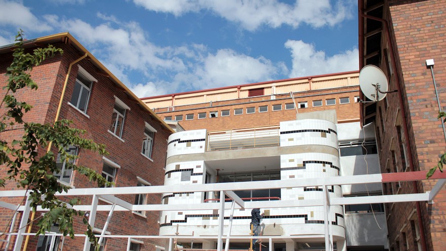 Lorenzo Nassimbeni's geometric tiled mural on the new Rahima Moosa Mother and Child Hospital