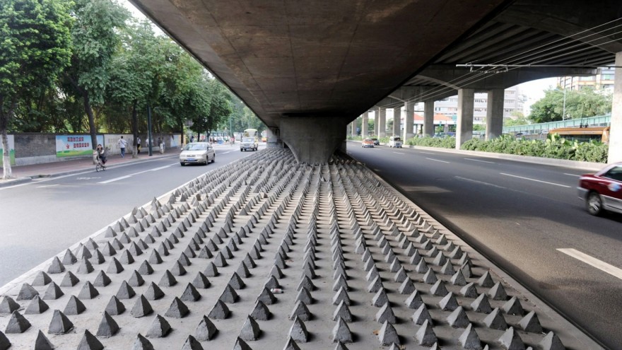 A grid of spikes under a bridge in Guangdong, China