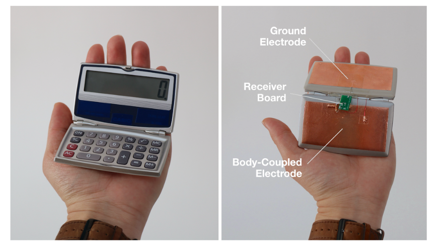 This was instrumented off-the-shelf pocket calculator with a Power-onver-Skin board as a basic demonstration of input, output, and computation in one device.  Source: Future Interfaces Group, Carnegie Mellon University