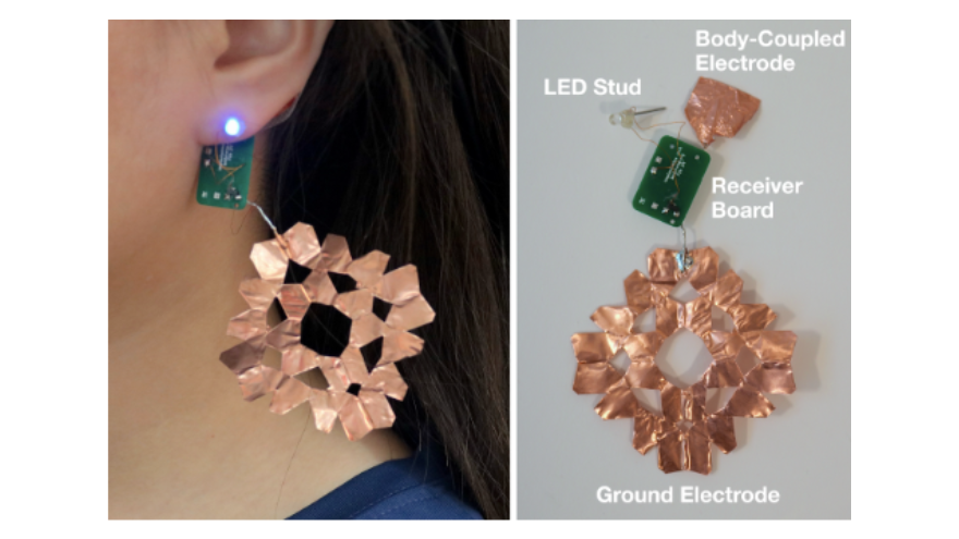A power-over-Skin controller, allowing users to wirelessly control an interface with a miniature joystick.  Source: Future Interfaces Group, Carnegie Mellon University