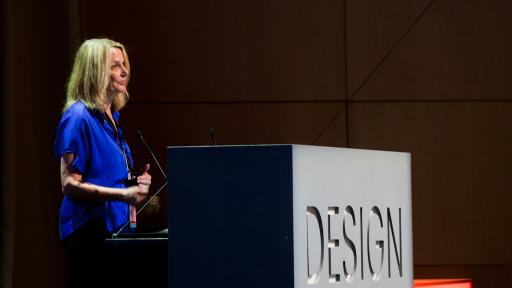 Paula Scher on stage at Design Indaba Conference. 