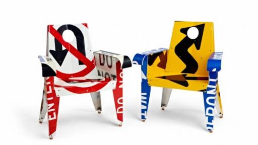 Boris Bally uses discarded street signs as the material for his furniture.