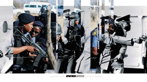 Police during the Soweto Riots, 1976 juxtaposed with police during the Marikana strike, 2012. 