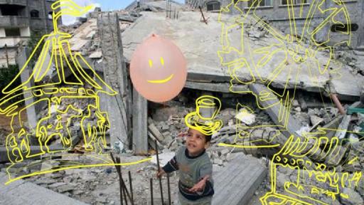 Cin's art compares what the lives of Syrian children should be like with what their lives have become as a result of the war. 