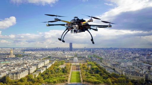 Drone over city - Stock Image 