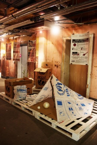 Makeshift shelters using grain sacks by Justin Kim. 