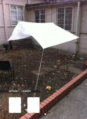 Makeshift shelters from grain sacks. 