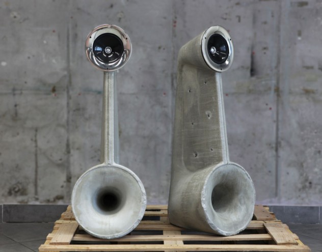 Concrete speakers by Shmuel Linski. Photo: Sasha Flit. 