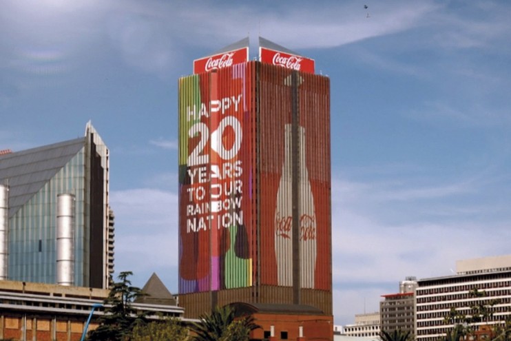 Life Centre in Johannesburg wrapped in Coke branding.