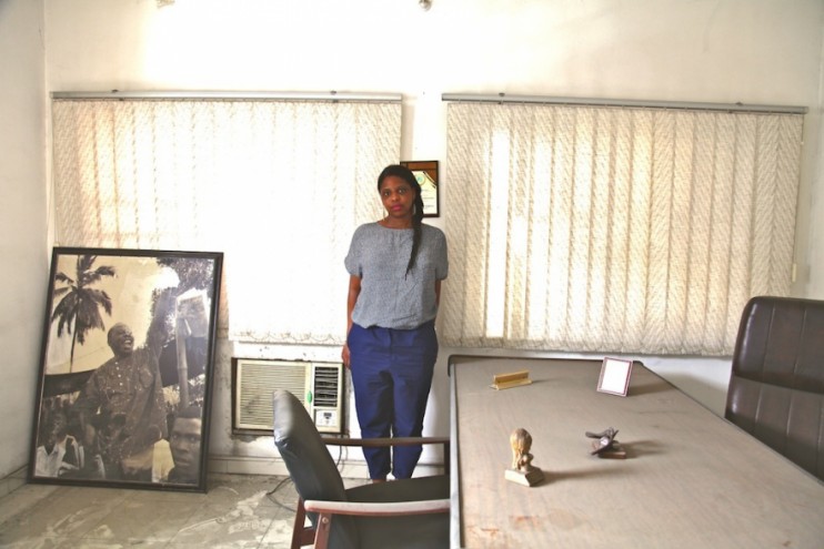 Zina Saro-Wiwa in her father's old office before cleaning it up.