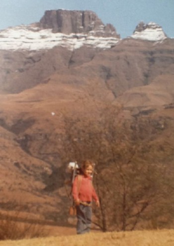 Kate Rosenberg during one of her childhood holidays spent at her family’s cottage in a spectacular mountainous area of South Africa called the Drakensberg. The handwoven grass baskets her family would buy from the local craftswomen there are the inspiration for her Africa-inspired vessel vases from The Berg Collection: “I would imagine that I have this connection to that sort of style and look because of going to the Drakensberg growing up”.