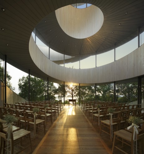 Japanese architect Hiroshi Nakamura designed the Ribbon Chapel – a structure wrapped in double spiral stairways with striking views of the ocean and islands.