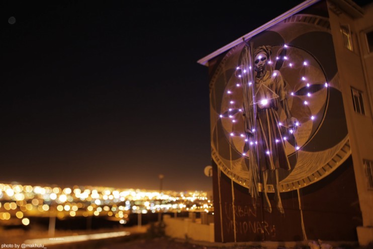 #ANOTHERLIGHTUP. Harvest mural lit up at night. Photo by Rowan Pybus @Makhulu_