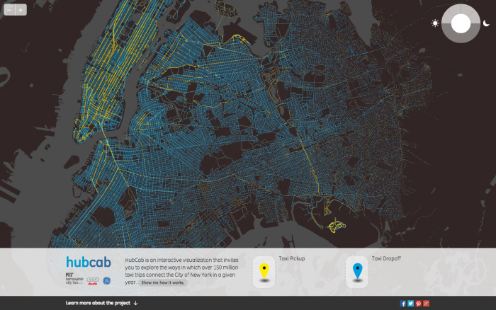 Screenshot of HubCab, showing pickups and drop offs of all 170 million taxi trips over one year in New York City. Image: MIT Senseable City Lab. Screenshot of HubCab, showing pickups and drop offs of all 170 million taxi trips over one year in New York City. Image: MIT Senseable City Lab.