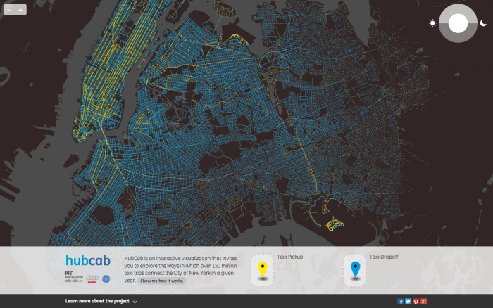 Screenshot of HubCab, showing pickups and drop offs of all 170 million taxi trips over one year in New York City. Image: MIT Senseable City Lab.  