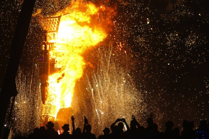 Fireworks accompany the burning ritual of the man Design Indaba Conference Speaker Larry Harvey talks Burning Man to Designboom