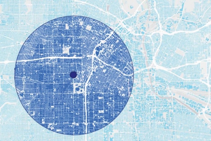 A new study found that cities with an orderly pattern, like the street grid seen in most of this map, have a much greater urban heat island effect than those with a more disorderly pattern, such as areas in the upper right.  Courtesy of the researchers
