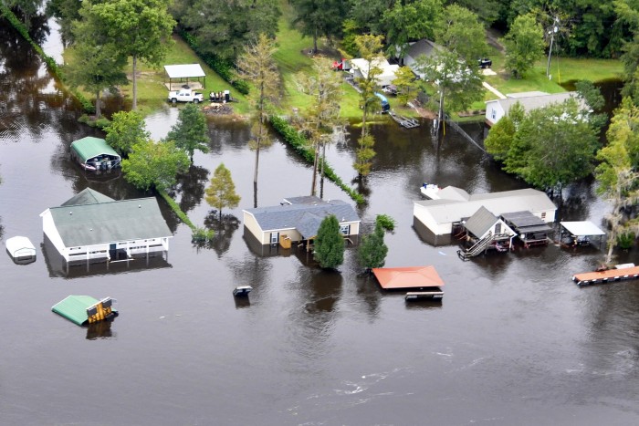 An aerial view taken from a Coast Guard helicopter showing the continuing effects of flooding caused by Hurricane Joaquin in the area of the Black River, in Sumpter County, S.C., Oct. 6, 2015. U.S. Coast Guard photo by Petty Officer 1st Class Stephen Lehmann