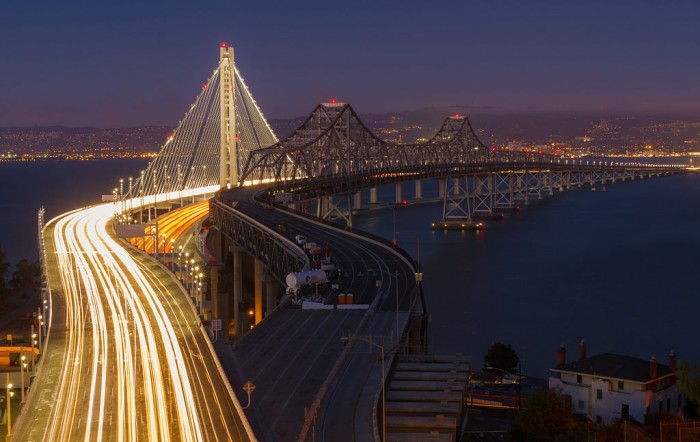 Eastern span of the San Francisco–Oakland Bay Bridge. The old and the new bridge, as seen at night from Yerba Buena Island to Oakland (mid September 2013).