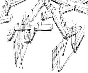 Sketch of the table designed by Daniel Libeskind for Marina Abramovic's performance "Counting The Rice". 