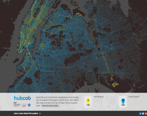 Screenshot of HubCab, showing pickups and drop offs of all 170 million taxi trips over one year in New York City. Image: MIT Senseable City Lab.  