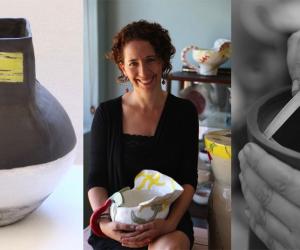Cape Town ceramicist Kate Rosenberg's Africa-inspired vase from The Berg Collection, left; surrounded by some of her own pieces, as well as a collection of work by Imiso Ceramics and Light from Africa/Art in the Forest, middle; putting the finishing touches to a hand-built vessel vase, right.