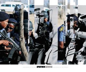 Police during the Soweto Riots, 1976 juxtaposed with police during the Marikana strike, 2012. 