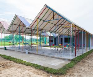 colour and recycled goods came together to form this storm proof structure. 