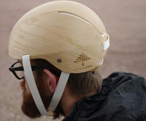 This bicycle helmet is made from a wood-based foam, making it a biodegradable alternative to regular plastic protection. Image: Cellutech