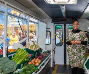 Shelves of fresh produce inside the refurbished FoodShare Truck